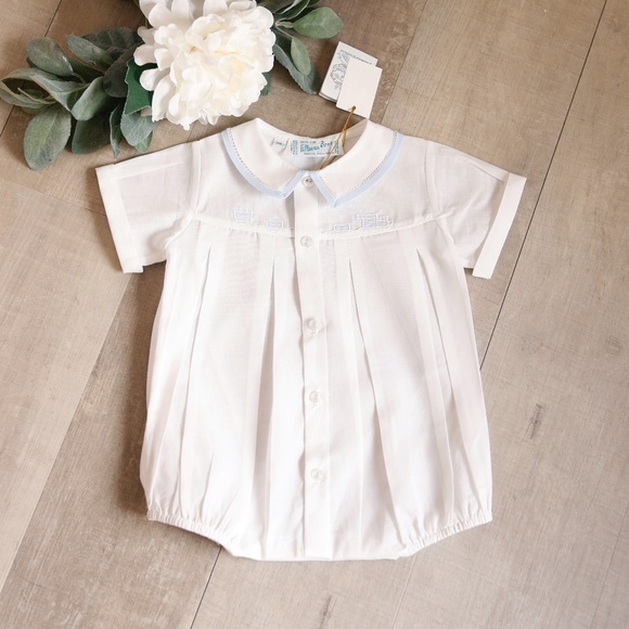 White Heirloom Train Romper Creeper Feltman Brothers Blue Trim NWT